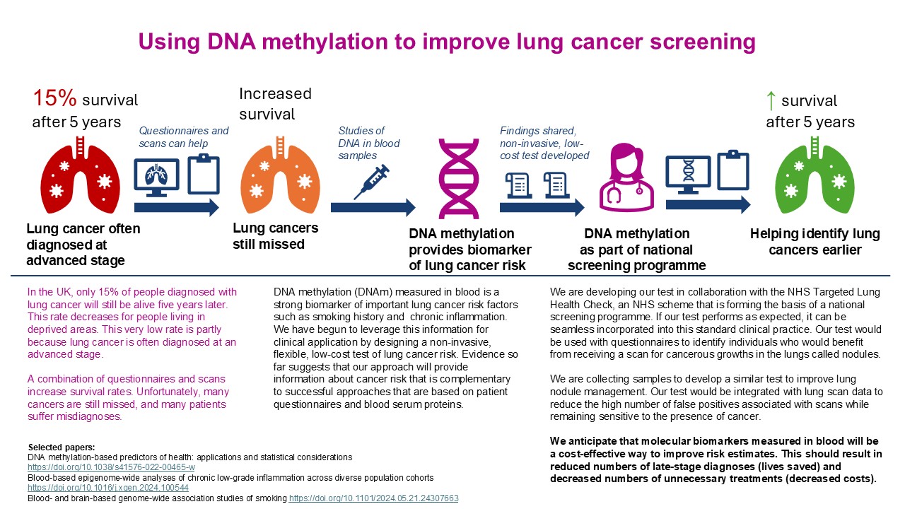 An infographic showing that lung cancer is often diagnosed at an advanced stage, questionnaires and scans can help but cancers are still missed - but studying DNA methylation in blood, and including this in national screening programmes, can help improve lung cancer identification and survival.
